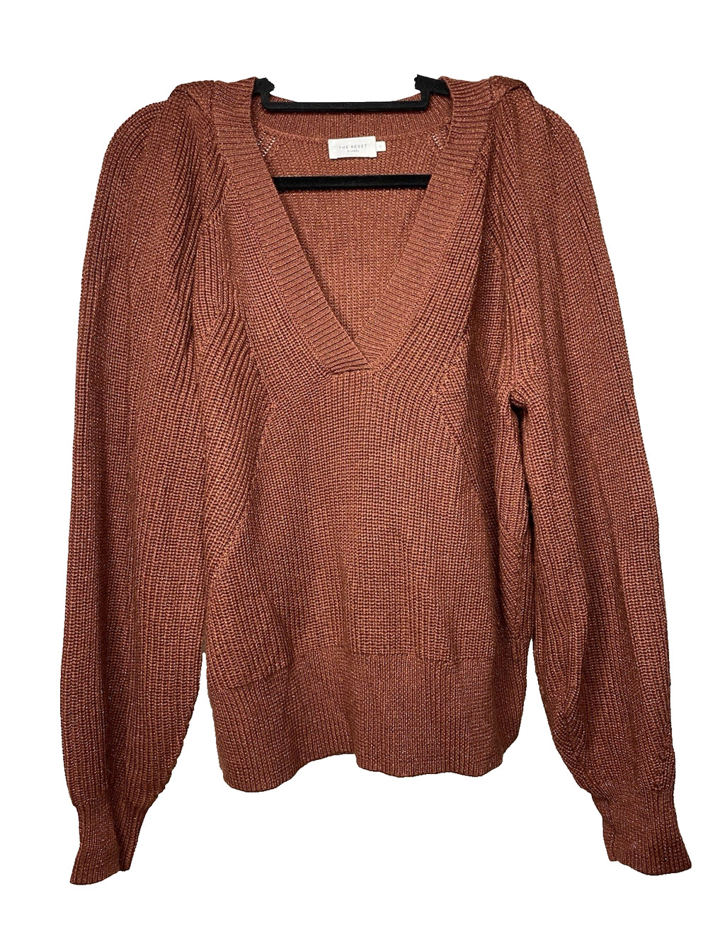The Reset R Label Wool V-Neck Sweater Women's Large Brown Ribbed Oversized Boho